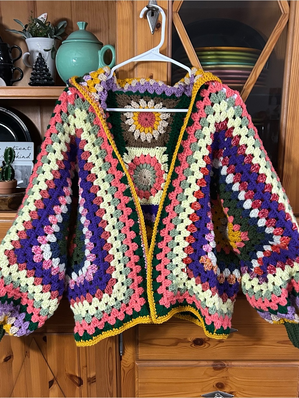 Handmade Multicolor Crochet Boho Hoodie Sweater - Pink, Green, Purple